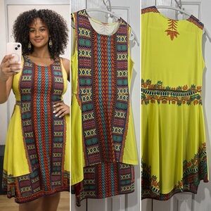 Afrocentric yellow and all over tribal print dress Sz M wedding festival